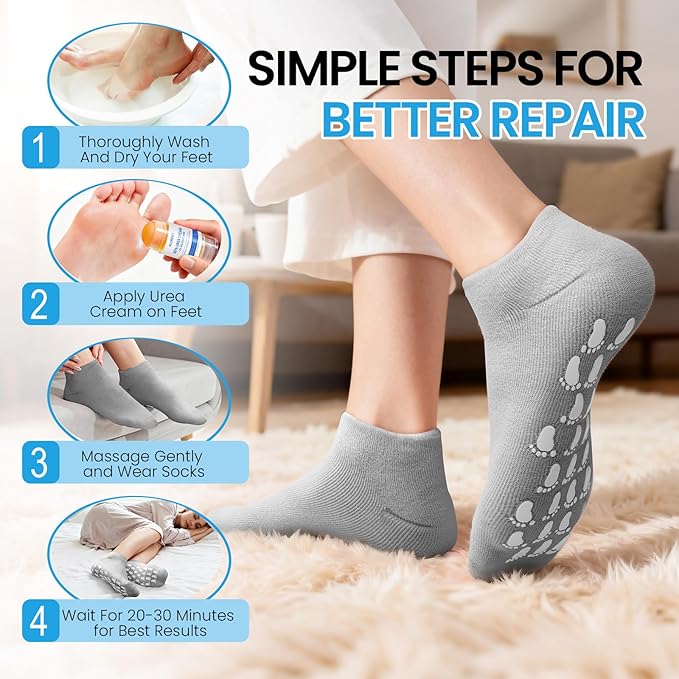 Silicone Moisturizing Socks with 60% Urea Cream- 2 in 1 Gel Socks & Urea Foot Cream for Dry Feet, Foot Care Moisturizing Socks for Dry Cracked Feet Women