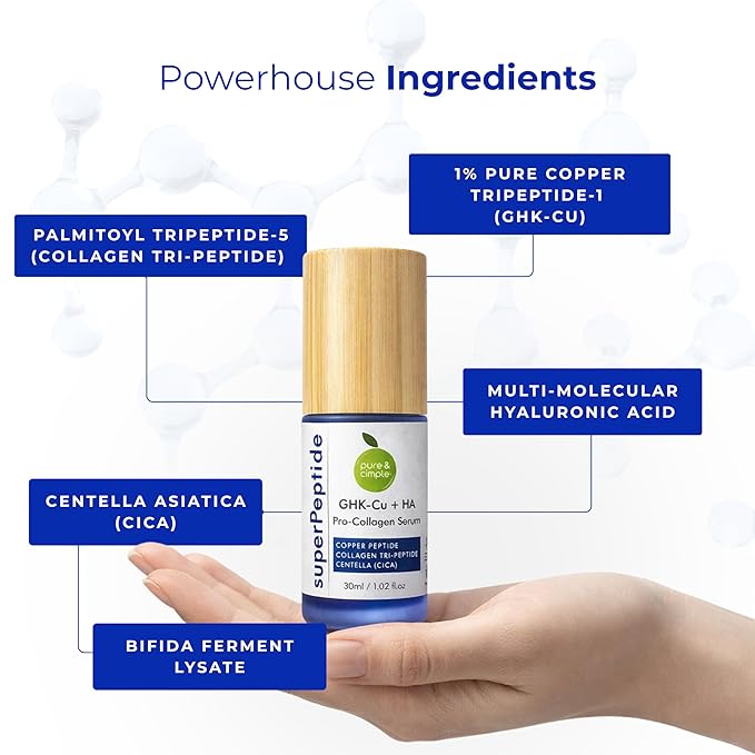 Pure & Cimple superPeptide 1% Copper Peptide Serum for Face – 99.9% Pure GHK-Cu & Collagen Tripeptide – Firms, Lifts & Restores Density for Mature Sensitive Skin – Barrier Repair Ectoin & Cica – 1oz