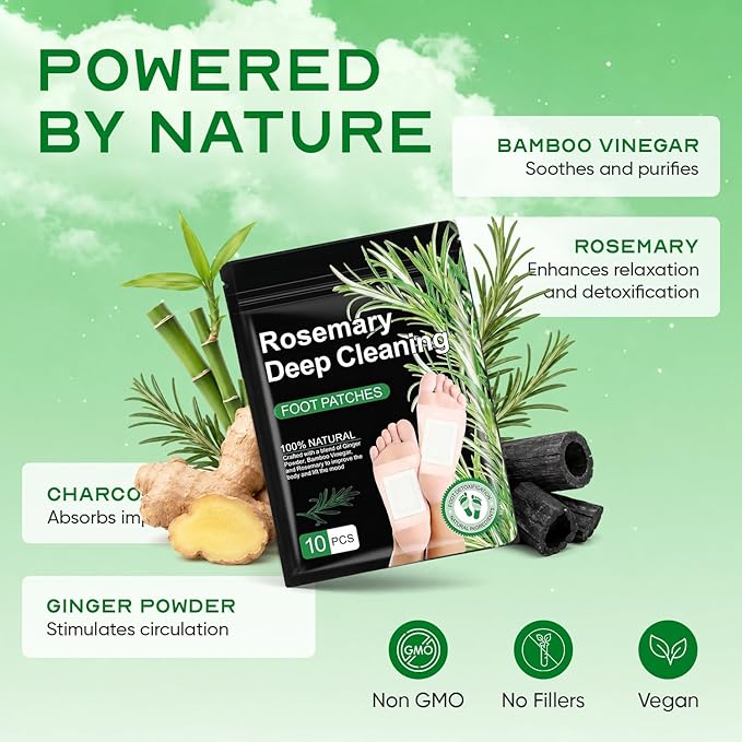 Natural Rosemary Foot Patches with Bamboo, Ginger, Vinegar, Charcoal | 30 Count | Pack of 3