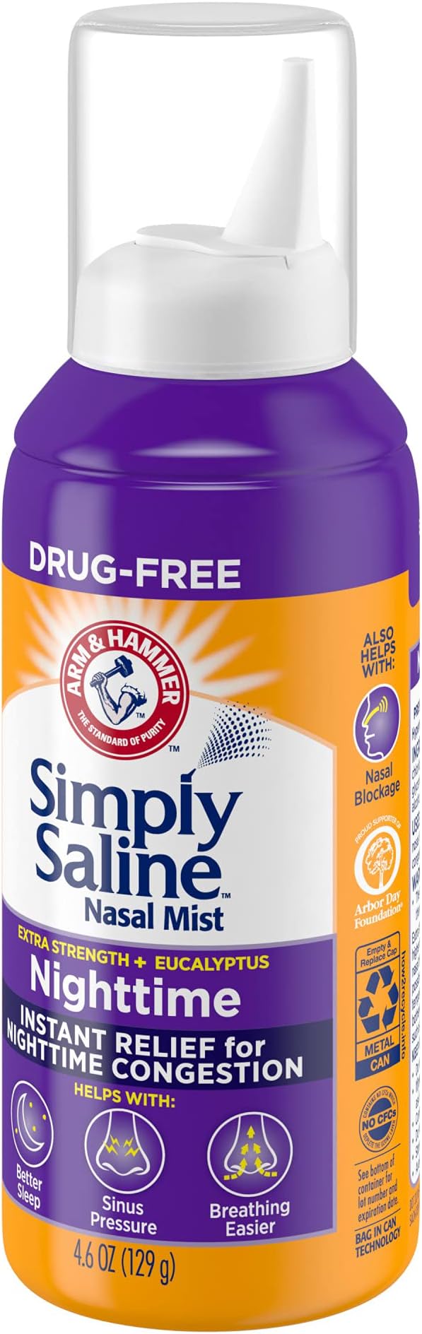 ARM & HAMMER Simply Saline Nighttime Nasal Mist 4.6oz- Instant Relief for SEVERE Congestion- One 4.6oz Bottle