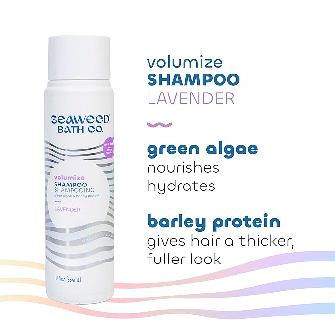 Seaweed Bath Co. Volumize Shampoo, Lavender Scent, 12 Ounce, Sustainably Harvested Seaweed, Green Algae, Barley Protein, For Normal to Fine Hair