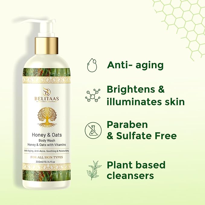 Belitaas Honey & Oats Body Wash – PLANT-BASED Cleanser, 10.14 fl oz (300ml) | Sulphate/SLS/Paraben-Free, Vitamin-Enriched, Non-Irritating | Hydrating & Gentle for Sensitive, Dry Skin | Mild Fragrance
