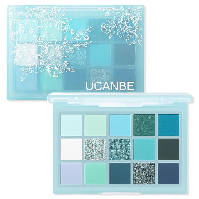 UCANBE 15 Color Eyeshadow Palette – Shimmer Matte Glitter Metallic Cool Tones Shades in White, Blue, Green, Mint, Teal, Navy – High Pigemented Blendable Eye Makeup Palette Kit