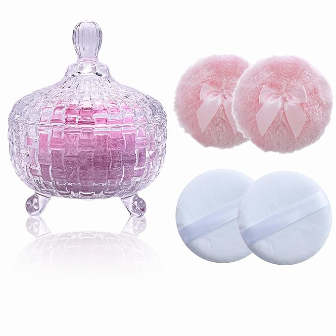 5 Pieces Large Body Powder Puff and Powder Container, Crystal Case for Dust Puff, Powder applicator with Box for Face and Body (Clear, Woven Pattern)