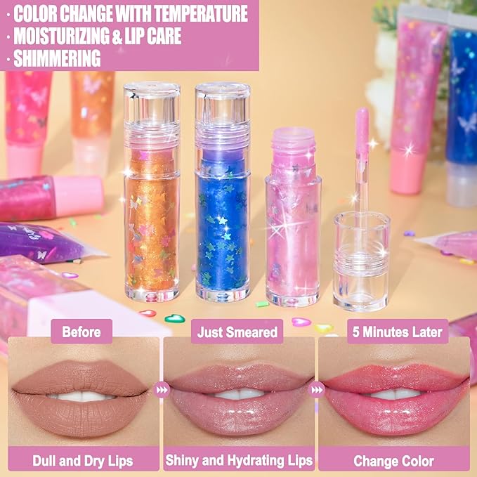 Jcoos Lip Gloss Making Kit, DIY Lip Glosses Kit to Make Your Own Lip Stick, Color Changing Lip Gloss, Temperature Change Lipgloss Long Lasting Nutritious Lipgloss Set for Beginner Women Girls
