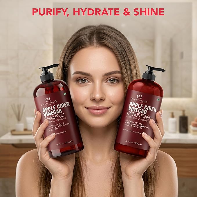 Botanic Hearth Apple Cider Vinegar Shampoo and Conditioner Set | Helps Dry Itchy Scalp, Dandruff, Frizz and Hair Loss | Color Safe, Sulfate Free Shampoo | All Hair Types, Men and Women, 16 fl oz each