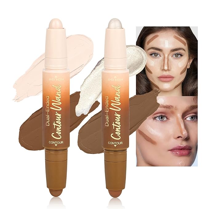 2Pcs Contour Highlighter Stick，2-in-1 Dual-Ended Cream Bronzer & Highlighter Sticks Pen for Face Body Contouring Makeup- Buildable，Waterproof, Easy to Apply Suitable for Beginners(01+05)