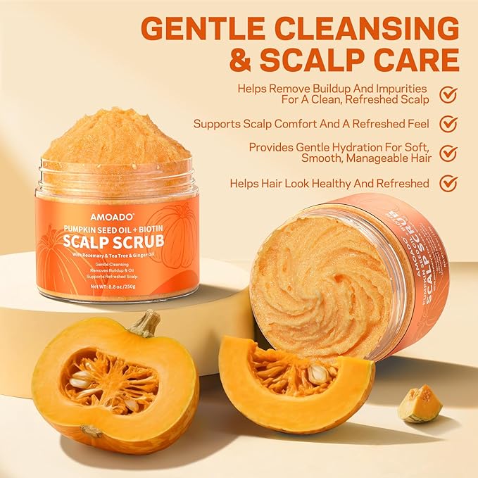 AMOADO Scalp Scrub, Pumpkin Seed Oil Scalp Exfoliator With Biotin & Rosemary, Sulfate Free Scalp Detox for Itchy Scalp & Dandruff & Buildup Removal & Hair Growth, Hair Scrub with Scrubber