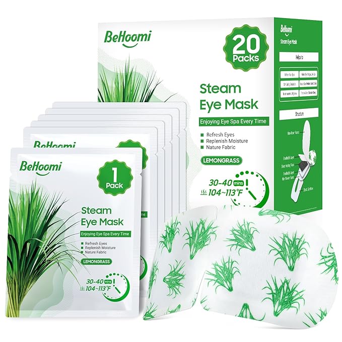 BeHoomi 20 Packs Steam Eye Mask, Heated Eye Mask Warm Compress for Eyes, Disposable Self Heating Steam Mask for Home, Sleep, Spa, Travel Essentials & Relaxation Gifts for Women (Lemongrass)