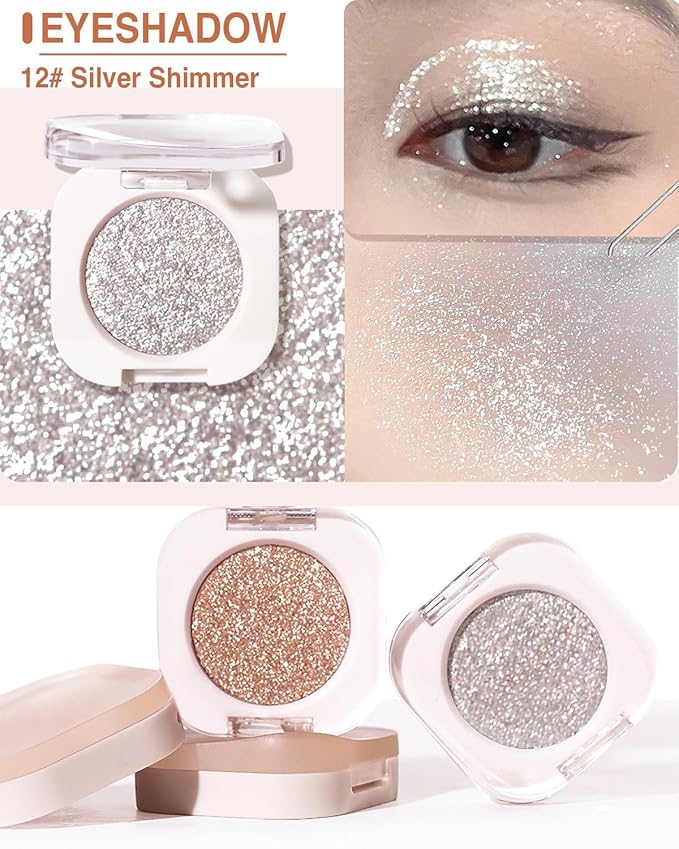 Glitter Eyeshadow Single, Ultra-Fine Sparkling Diamond Shimmer, Long-Lasting Sheer Eye Makeup, Crease-Proof & Buildable Eye Shadow Topper (12# Galaxy Sliver Shimmer)
