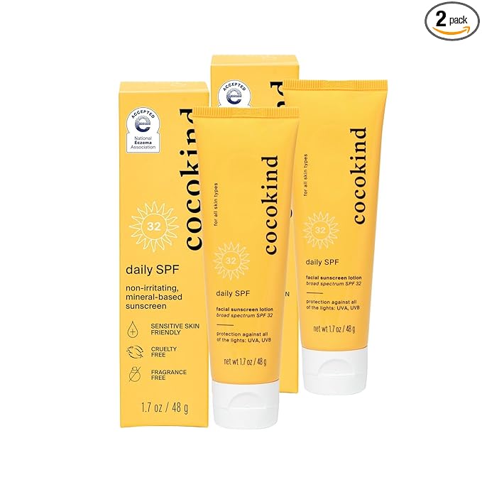 Cocokind Daily SPF, Mineral Face Sunscreen with Zinc Oxide, SPF 32, Reef Safe, Unscented, All Skin Types, Non-Toxic, Cruelty Free, 2 Pack, 1.7 fl oz