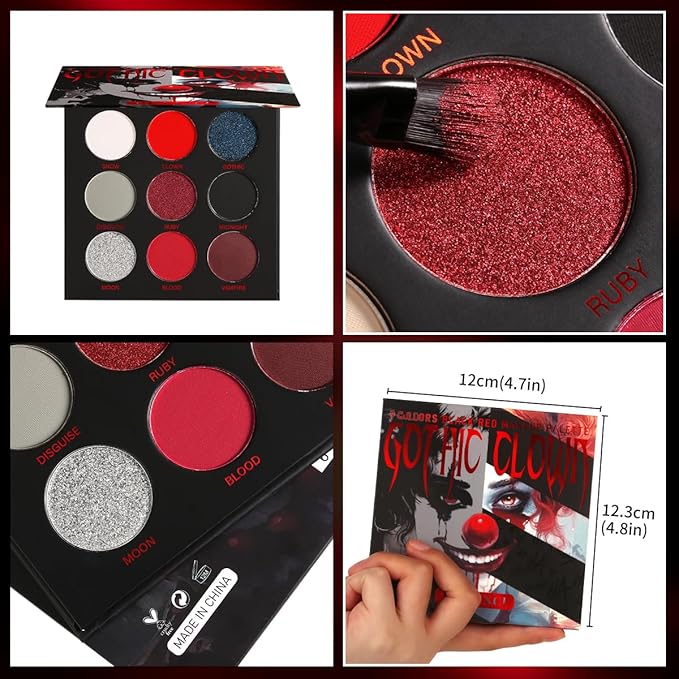 Afflano Black Red Eyeshadow Palette Goth Clown Halloween Makeup, White Silver Glitter Metallic Burgundy Black Eyeshadow Palette Highly Pigmented, Joker Vampire Christmas True Red Smoky Eye Makeup