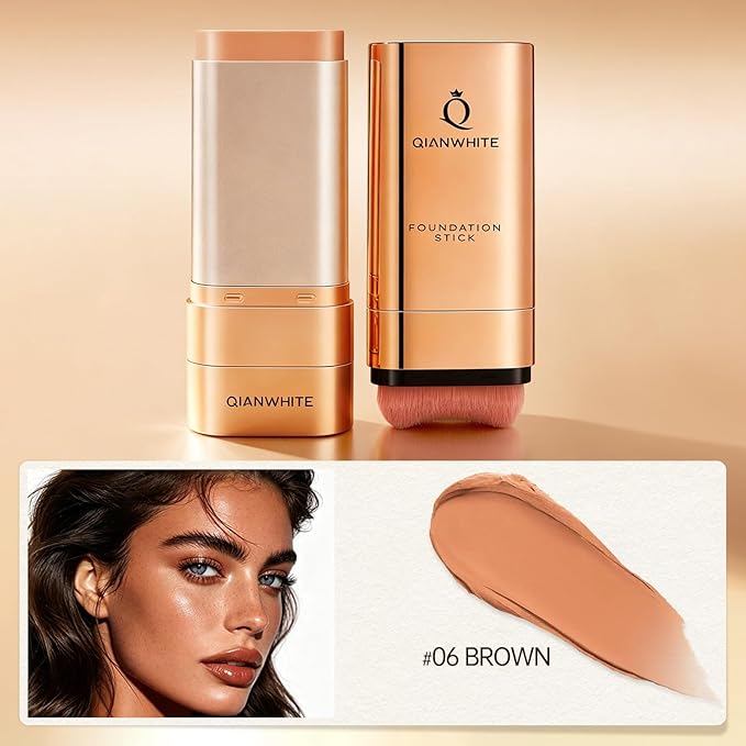 Korean Foundation Stick Foundation for Mature Skin Tint, Buildable Light to Full Coverage Foundation Makeup Concealer, Dual-Ended with Brush for All Skin - Natural Dewy Finish (BROWN)