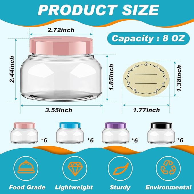 Tessco for you 24 Pack Plastic Jars with Lids Labels Multiuse Slime Containers Empty Body Scrub Jars Round Refillable Cosmetic Body Butter Container for Makeup (8 oz,Multicolor)