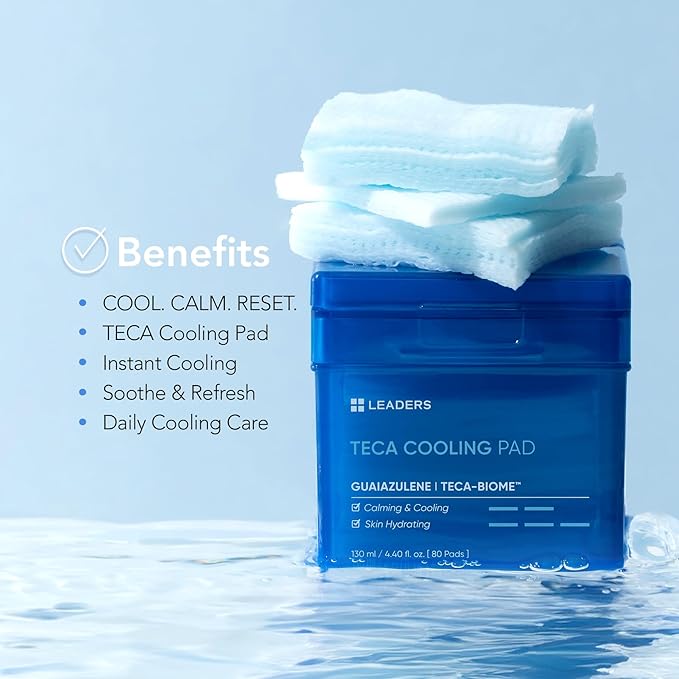 LEADERS Teca Cooling Toner Pad - Instant Relief for Dry, Overheated Skin | Vegan-Certified | Clinically Proven Efficacy | Korean Skincare 80 Pads x 130ml