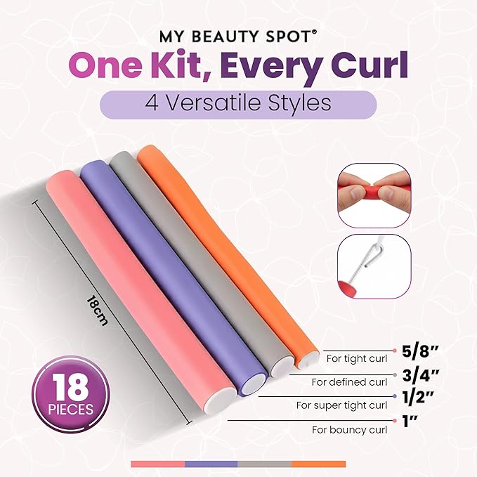 My Beauty Spot Flexi Rods Foam Hair Rollers 3/4" 5/8" and 1" Diameter Professional Salon Quality 12 Pcs Rubber Hair Rollers for Long, Medium and Short Hair (Purple)