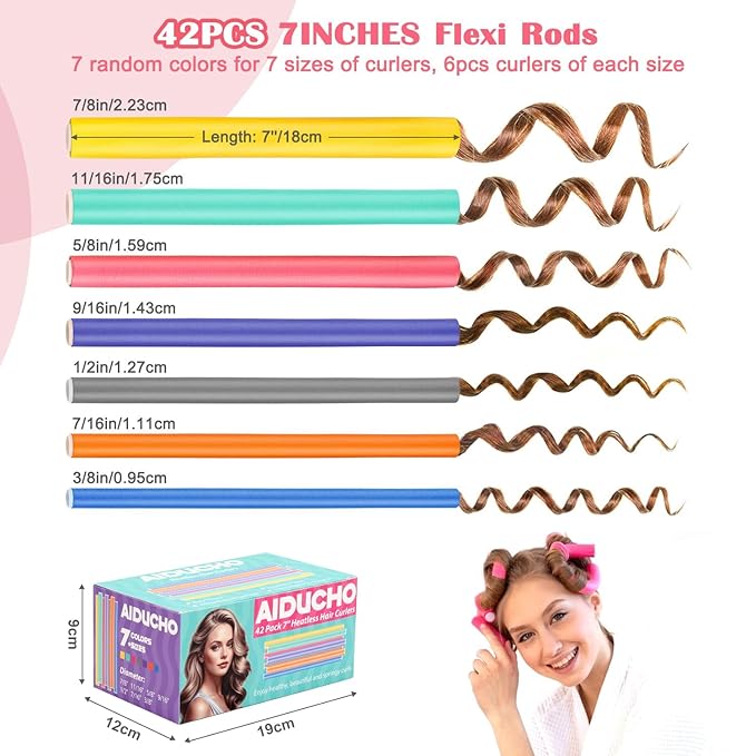 Heatless Hair Curlers 42PCS Flexible Hair Rollers 7" Soft Foam Hair Curlers No Heat Bendable Curling Rods for Short Medium Long Hair, 7 Colors & Sizes