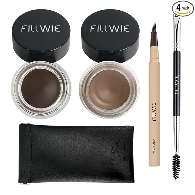 Eyebrow Pomade Kit – 2 Pack Stay Put Waterproof Brow Color to Fill & Shape Brows, with 4-Tip Liquid Eyebrow Pen, Double-Ended Angled Spoolie Brush & PU Travel Pouch (Dark Brown + Taupe)