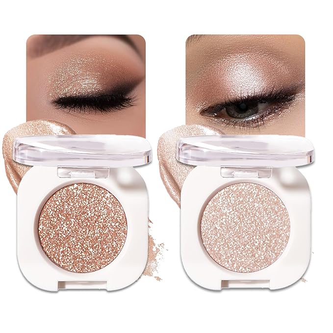 2 Pcs Glitter Eyeshadow Single, Ultra-Fine Sparkling Diamond Shimmer, Long-Lasting Sheer Eye Makeup, Crease-Proof & Buildable Eye Shadow Topper, Gold & Pearl Champagne
