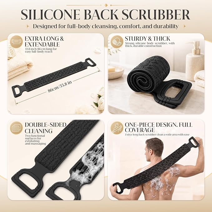 Manmihealth Silicone Back Scrubber for Shower, 33.8'' Exfoliating Body Scrubber with Long Strap Handle, Dual-Sided Extendable Back Washer for Men and Women (Black)