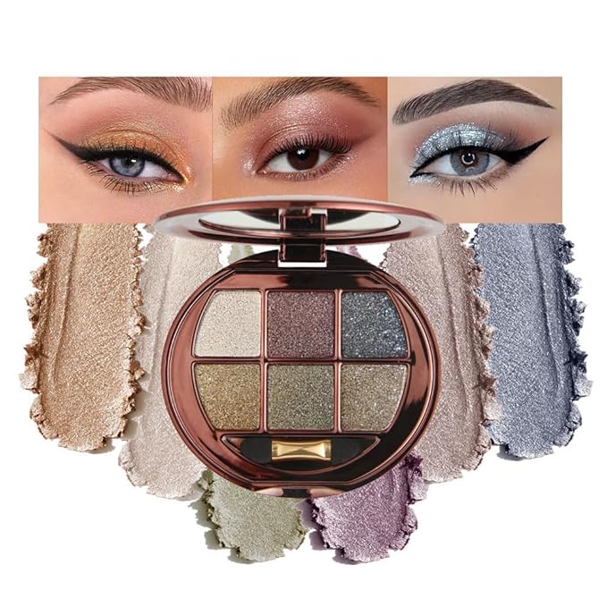 6 Color Glitter Eyeshadow Palette, Smokey Eye Shimmer Eyeshadow, Gold Bronze Black Metallic Eye Shadow, High Shine Sparkle Makeup, Smooth Blendable Long Lasting for Party Night Glam Look 01