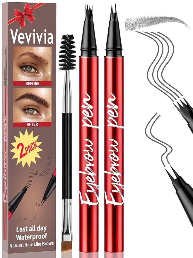 Vevivia 2 Pack Eyebrow Pen with Brush, 4 Tip&2 Tip Waterproof Eyebrow Pencils for Women, Microblading Eyebrow Pencils for All Brow Types to Create Hair-Like Brows, Non Dry Out, All-Day Wear,Grey