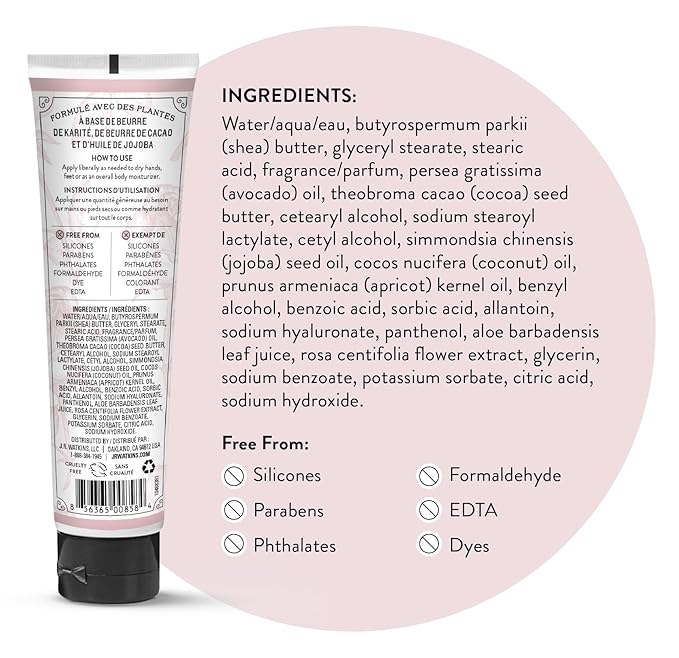 J.R. Watkins Natural Moisturizing Hand Cream, Hydrating Hand Moisturizer with Shea Butter, Cocoa Butter, and Avocado Oil, Cruelty Free, 3.3oz, Rosewater, 3 Pack