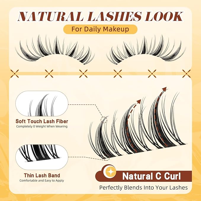 QUEWEL Fairy Lash Clusters Kit, 144PCS Cluster Eyelash Extensions kit with Lash Bond and Seal, C Curve Manga Lash Clusters Natural Look with Invisible Thin Band Easy to Use for Beginners (DJ-FD-D）