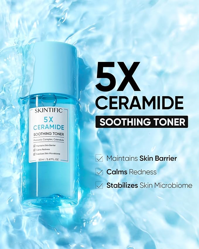 SKINTIFIC 5X Ceramide Soothing Toner, Hydrating Skin Barrier Repair Calms Redness Facial Toner with Probiotics & Calendula for Sensitive & Dry Skin, Non-Alcohol, Cruelty-Free, Vegan Skincare