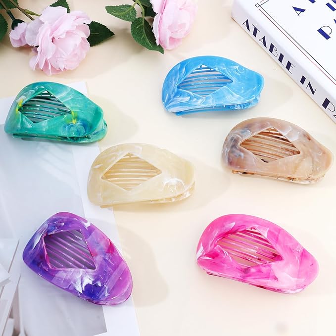 Atoden Marble Flat Round Hair Clips Duckbill Large Claw Clips for Thick Medium Thin Hair 6Pcs Non Slip Oval French Barrettes Accessories for Women Girls