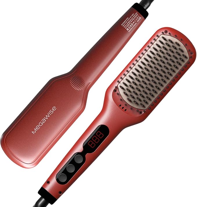 Megawise Pro Ceramic Ionic Hair Straightener Brush – Fast 20s Heating, Auto-Off, Anti-Scald, Dual Voltage, Rotatable Power Cord – Home Salon Styling (Tomato Red)