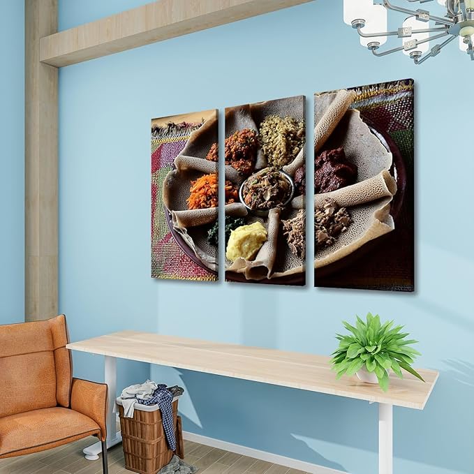 3 Piece Canvas Wall Art Prints Picture traditional ethiopian ethiopian foods pictures Framed Wall Painting Modern Artwork Poster Home Decor for Living Room Office Ready to Hang