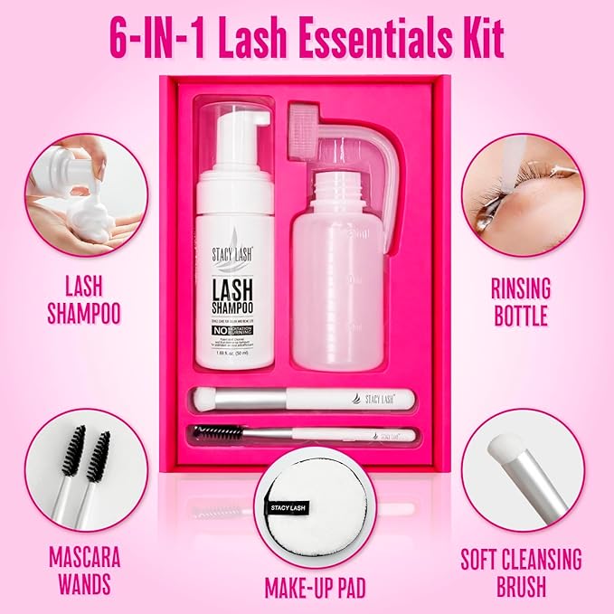 STACY LASH Lash Shampoo 50ml Kit Foaming Cleanser with Eye Lash Spoolies & Rinse Bottle & Cleansing Pad & Brush for Eyelash Extensions & Clusters & Natural Eyelashes