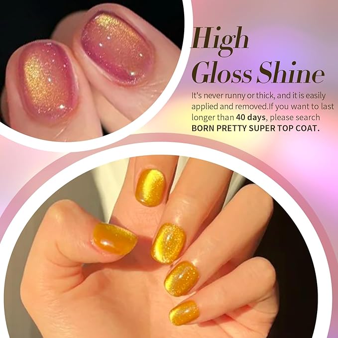 Born Pretty Cat Magnetic Eye Gel Nail Polish 6 Colors Neon Shimmer Blue Green Pink Holographic Magnetic Gel Polish,Spring Summer Aurora Rainbow Glitter, Soak Off UV LED Gels for Manicure DIY at Home