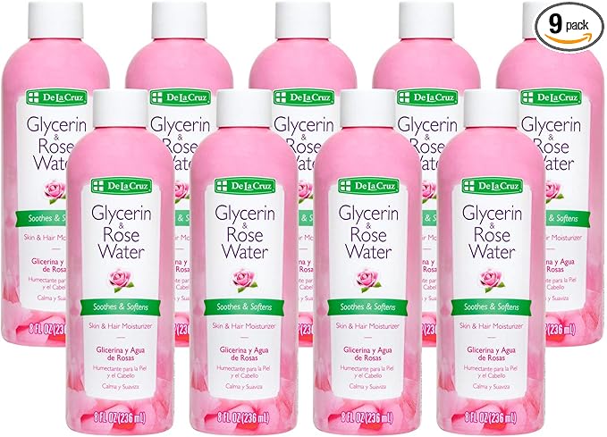 De La Cruz Rose Water and Glycerin for Face - Rosewater Facial Toner and Moisturizer for Skin and Hair 8 fl oz (236 mL) - 9 Bottles