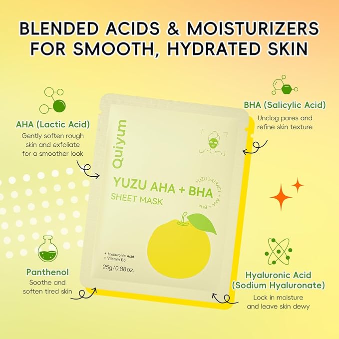 QUIYUM 14 Pack YUZU Sheet Mask - Hydrating Facial Masks for All Skin Types, Skincare Set, Spa Gift for Women & Teens