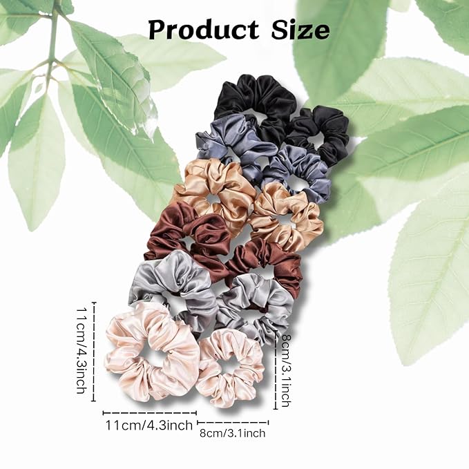 12PCS Satin Scrunchies Pack for Women and Girls, Soft Silk Hair Ties for Sleeping, No-Damage Satin Ponytail Holders for Thick or Curly Hair