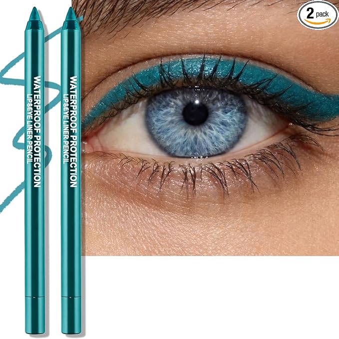 2 PCS Teal Eyeliner Pencil, Cream Gel Waterline Eyeliner Smooth Waterproof Lasting Bold High-Pigmented Blue Green Matte Eye Liner Pen Eyeshadow Makeup for Women with Sharpener