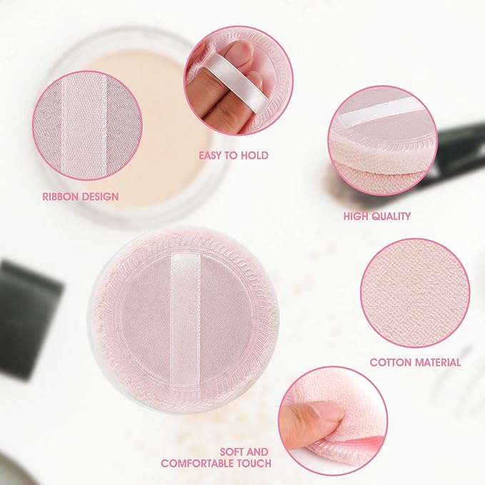 Sibba 12 Pcs Loose Powder Make Up Puff Pink Cotton Pads Face Body Makeup Velour with Ribbon Applicators Setting Round Make Up Eyeshadow Concealer Cosmetics Sponge
