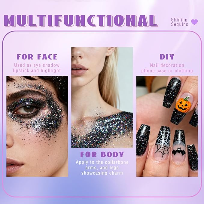 HOSAILY Roll-on Black Body Glitter Gel for Face Hair, Holographic Chameleon Color Changing Face Paint Glitter Halloween Cosplay SFX Makeup, Chunky Sequins Festival Shimmer Makeup for Women Kids