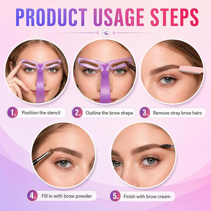 8 Styles Eyebrow Stencil Kit with Handle & Adjustable Headband for Beginners & Women, Reusable Washable Eyebrow Shaper Template for Daily Makeup Application, Functional Brow Stencil
