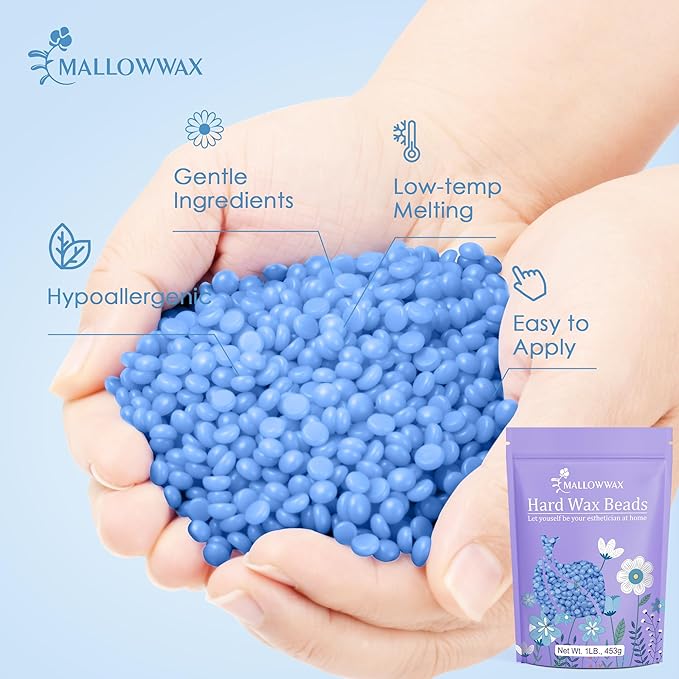Mallowwax Hard Wax Beads, 1lb Blue Stripless Wax For All Skin Types, Brazilian Wax Beads For Bikini Wax, Face, Eyebrows, Underarms, Legs, Full Body Hair Rmoval For Women and Men