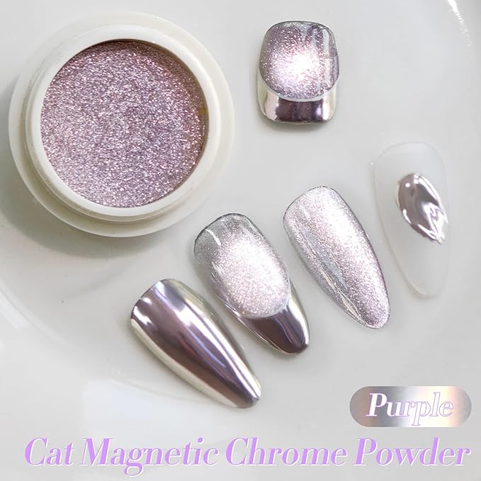 Born Pretty Purple Chrome Nail Powder Super Glossy Mirror Effect Metallic Nail Powder Cat Magnetic Eye Nail Powder Nail Glitter Manicure Pigments for Nail Art Design