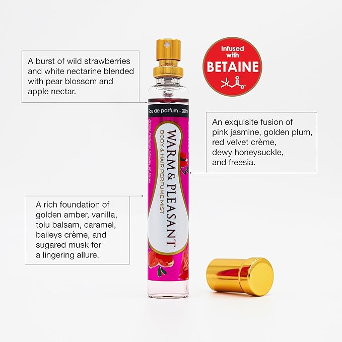 Esha Body & Hair Perfume Mist - Eau de Parfum for Women - Infused with Betaine - Sweet Strawberrys, Nectarine with Golden Amber, Vanilla, and Caramel - (WARM & PLEASANT)