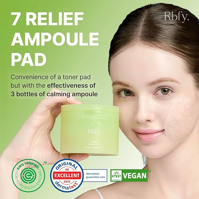 Rbfy. 7 Relief Ampoule Pad (60 Pads) – Korean Facial Toner Pads with Pure Centella Cica Complex, Redness Relief, Soothing & Hydrating, Gentle for Dry, Stressed, and Sensitive Skin, Korean Skincare