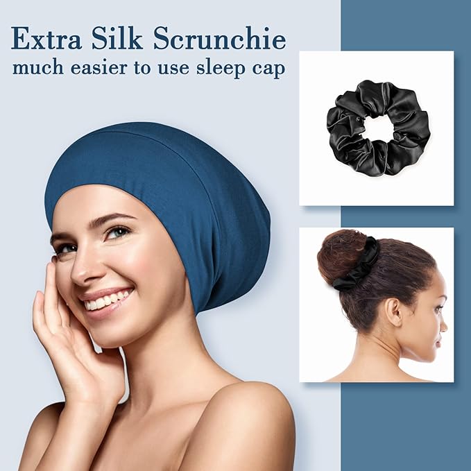 LULUSILK Mulberry Silk Bonnet for Sleeping Women, Real Silk Sleep Cap for Curly Hair and Braids, Pure Head Wrap with Scrunchies, Bijou Blue