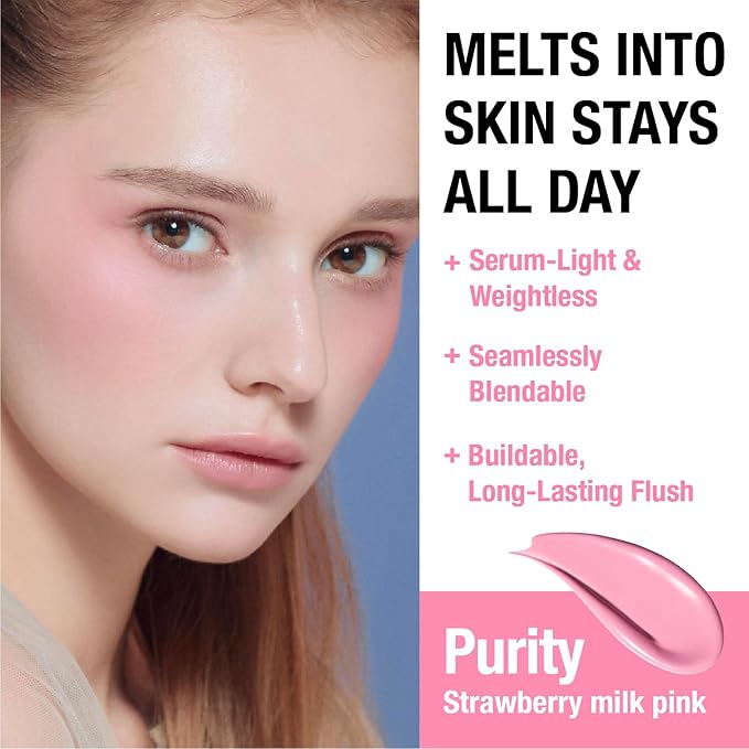DEAR DAHLIA Petal Drop Liquid Blush (Purity) - Natural Dewy Glow Serum Blush, Buildable & Blendable, Sheer Watercolor Finish, Vegan Korean Makeup for Cheeks, 0.14 oz