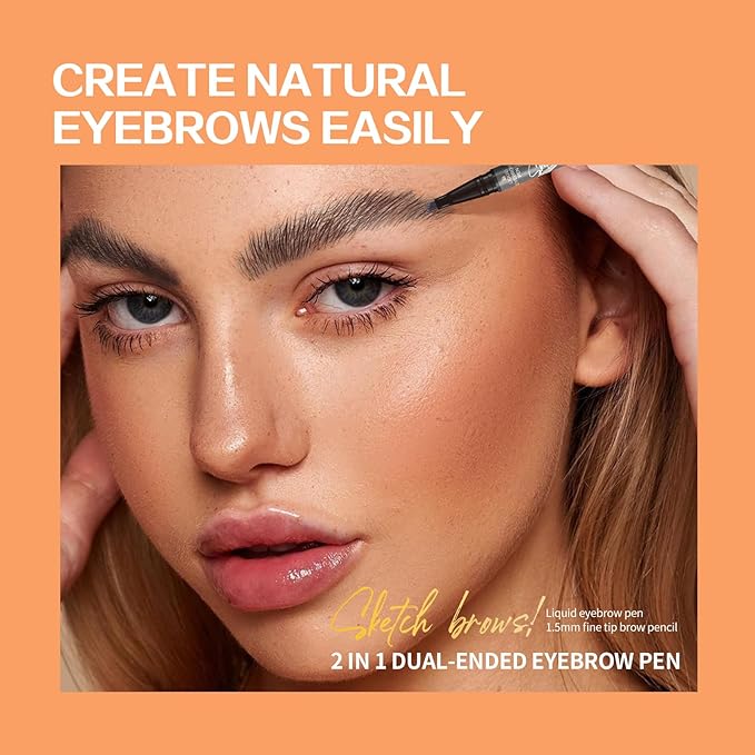 Music Flower Dual-Ended Microfilling Eyebrow Pen, Liquid Eyebrow Pen with 4 Micro Brush-Tip Applicators & Brow Defining Pencil with Precision Tip (Black)