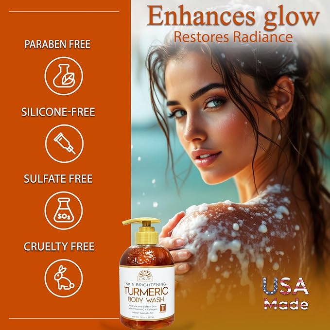 OKAY Turmeric Skin Brightening Body Wash 20 oz – Vitamin C & Collagen Glow Cleanser for Dark Spots & Even Skin Tone