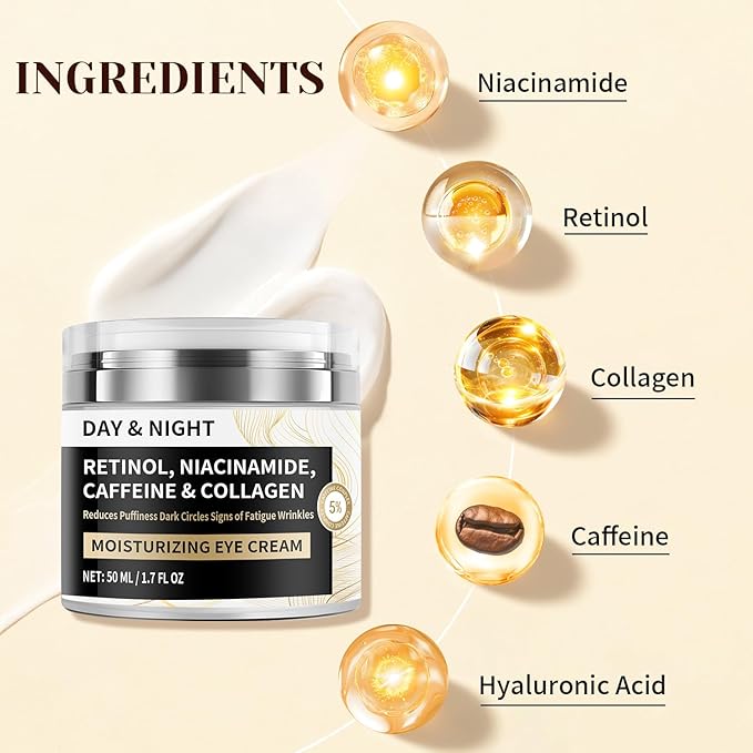 Day & Night Eye Cream with Caffeine, Niacinamide, Retinol & Hyaluronic Acid - Eye Cream for Anti-Aging, Dark Circles, Puffiness & Hydrated, Reducing Fine Lines & Wrinkles, Youthful Eyes, 1.76oz